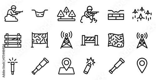 Military and defense line icons set – army, outline, security symbols