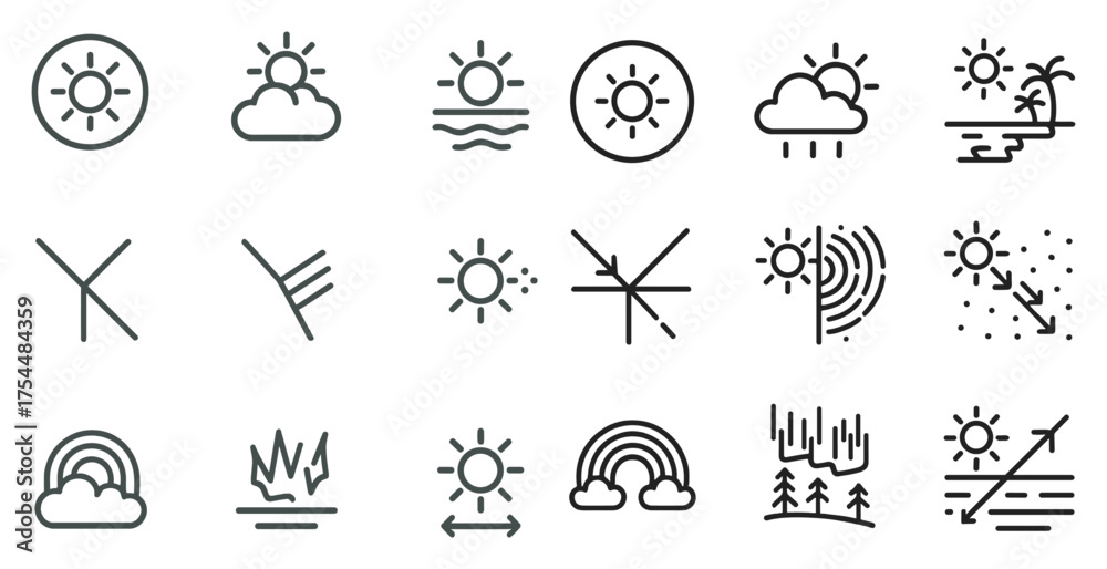 Fototapeta premium Weather and seasons icons set – line, outline, climate and atmospheric symbols