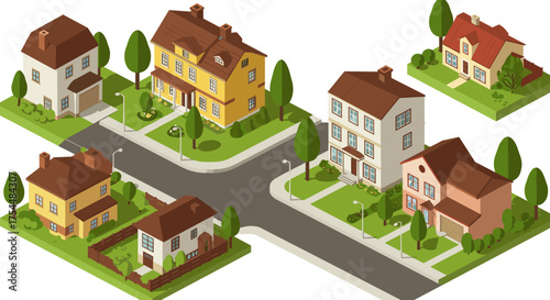 Charming isometric neighborhood with suburban homes and green landscaping
