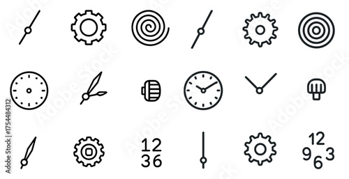 Clock and time outline icons set – linear, minimalist, watch and gear symbols