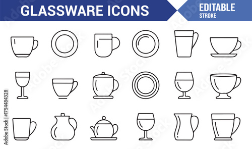 Editable vector glassware icons set featuring cups, glasses, teapots, and pitchers in outline style