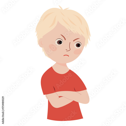 Angry blond boy, Pouting child portrait, Frowning kid illustration. Person with crossed hands 