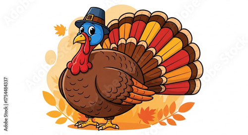 Cartoon turkey wearing a pilgrim hat thanksgiving turkey with pilgrim hat and autumn leaves cute turkey bird cartoon