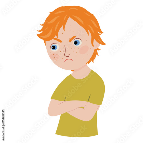 Angry redhead boy, Scowling boy portrait, Child with scowl vector illustration. Ginger, freckled boy. Person with crossed hands 