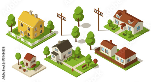 Isometric residential neighborhood with charming houses and lush greenery