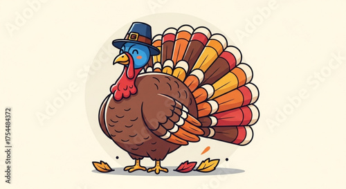 Cartoon turkey wearing a pilgrim hat thanksgiving turkey with pilgrim hat and autumn leaves cute turkey bird cartoon