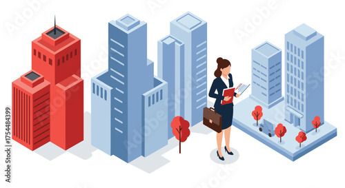 Professional woman in business attire standing among tall isometric city buildings