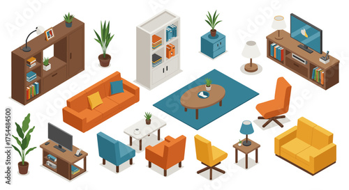 Modern isometric living room furniture set with plants and decor elements