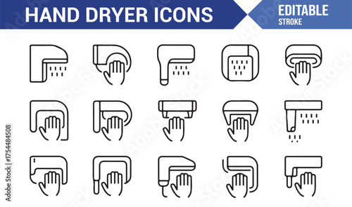 Hygiene and sanitation themed icon set featuring hand dryers and restroom equipment