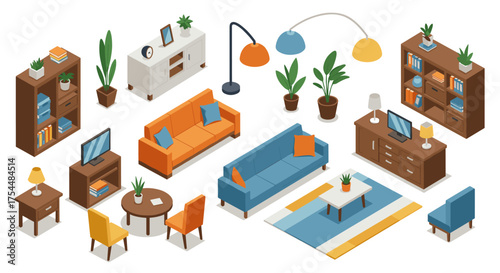 Colorful isometric living room: modern furniture and home decor designs