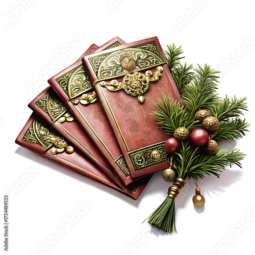Festive Christmas gifts with elegant wrapping and holiday decor on white background
