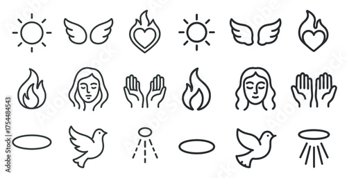 Spiritual and faith line icons set – outline, religion, belief symbols