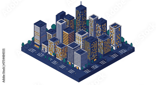 Modern isometric cityscape with skyscrapers and streets at dusk