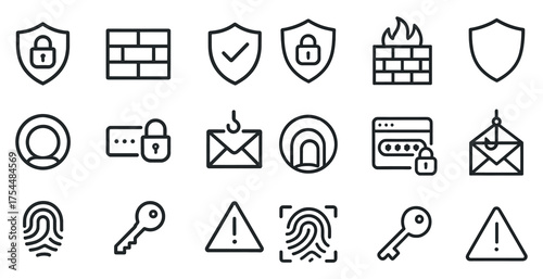 Cybersecurity outline icons set – secure, privacy protection symbols
