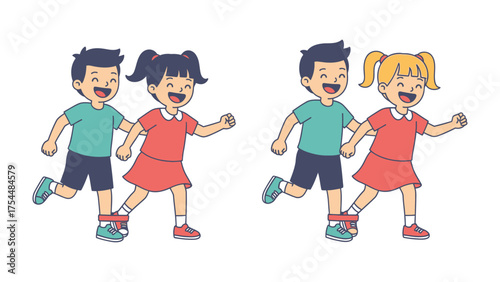 Friends playing the game of three legged race: Vibrant cartoon illustrating the pure joy and camaraderie of children engaging in a playful three-legged race.