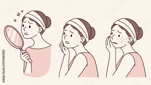 Three-panel illustration of a person examining their skin: looking in a mirror, touching their face with concern, and showing visible red spots depicting a skincare issue like acne.