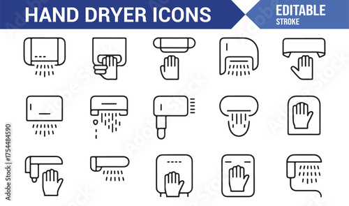 Set of vector line icons showing various hand dryer styles and air blower devices