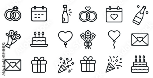 Wedding and celebration outline icons set – line, love, party elements