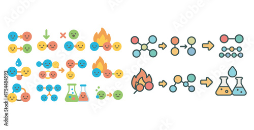Chemistry lab icons set – flat, colorful, science and experiment symbols.