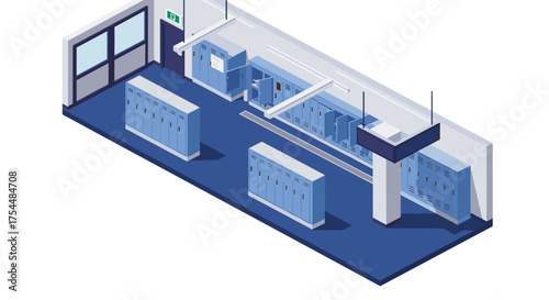 Isometric school locker room interior with lockers and benches in blue tones
