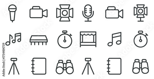 Music and media line icons set – outline, linear, sound and entertainment symbols