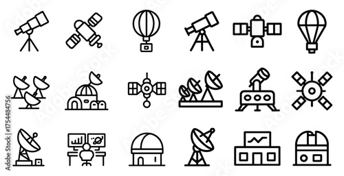 Astronomy outline icons set – linear, telescope, space exploration symbols