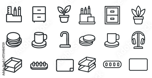 Home office organization outline icons set – flat, linear, workspace essentials
