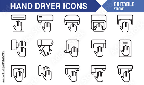 Editable stroke hand dryer icons for bathroom, washroom, and hygiene-related graphics