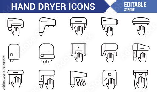 Automatic air hand dryer vector pack in minimalist line style for sanitation and hygiene themes