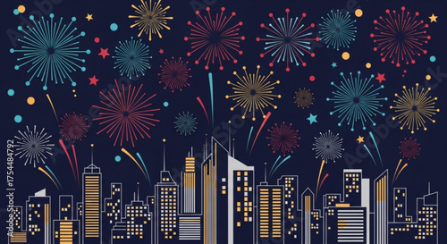 Colorful fireworks over city skyline on dark blue background create a festive and celebratory atmosphere, perfect for new years eve and independence day