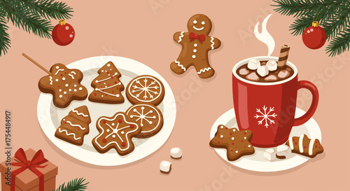 Enjoy festive holiday cheer with delicious gingerbread cookies and steaming hot chocolate, perfect for cozy winter vibes and sweet Christmas traditions