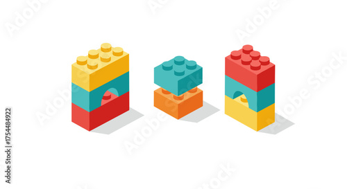 Colorful isometric building blocks in playful arrangements for creative designs