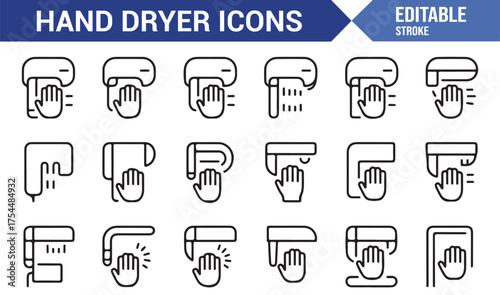 Collection of outline hand dryer vector symbols for restroom and public facility illustrations