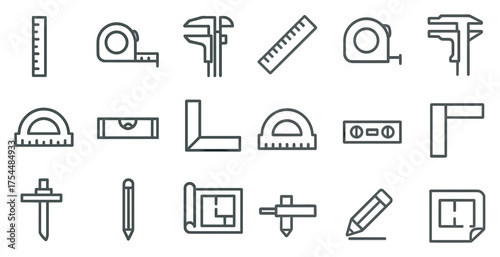 Measuring tools line icons set – linear, outline, rulers and calipers symbols collection
