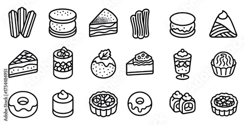Bakery and dessert icons set – outline, linear, cake and pastry graphics