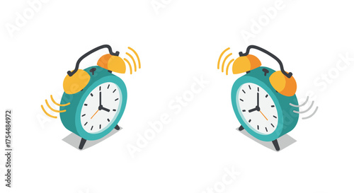 Dual retro alarm clocks ringing with vibrant isometric design on white background