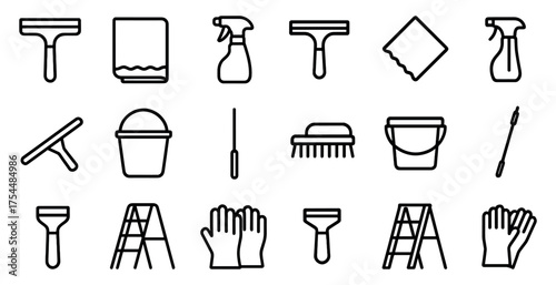 Cleaning tools outline icons set – flat, line, housekeeping and sanitation symbols