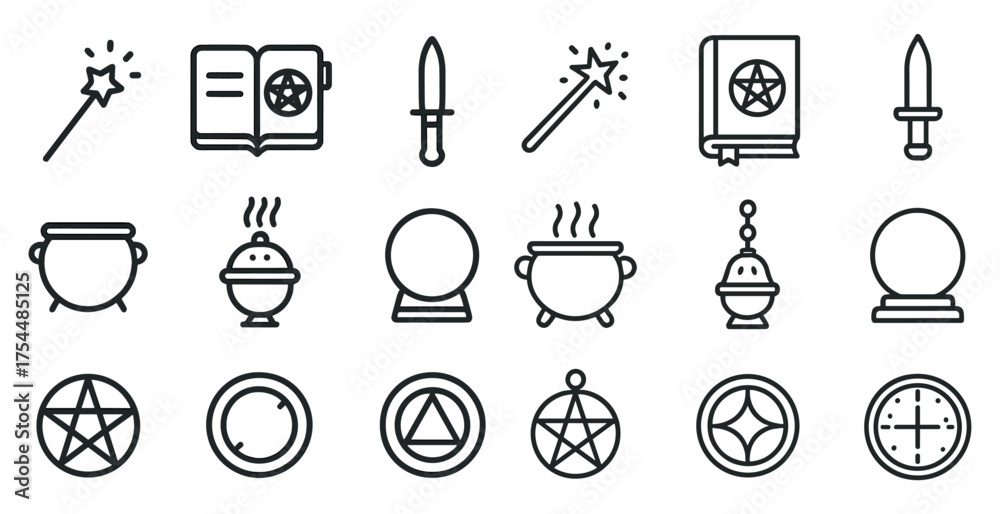 Fototapeta premium Magic and witchcraft outline icons set – line, silhouette, mystical symbols and tools