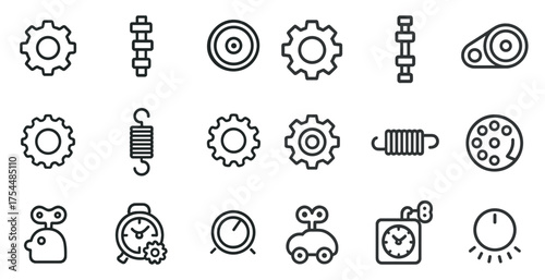 Mechanical engineering linear icons set – flat, outline, machinery and gear symbols