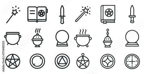 Magic and witchcraft outline icons set – line, silhouette, mystical symbols and tools