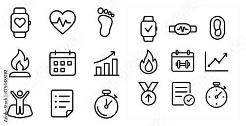 Fitness and health outline icons set – line, linear, exercise and wellness symbols
