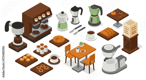 Isometric coffee shop essentials: modern machines, pastries, and table set in flat style