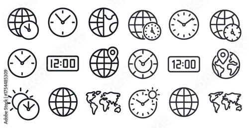 World clocks and time zones outline icons set – linear style, maps, geography symbols