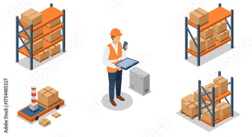 Warehouse management with worker, shelves, and packaging elements in isometric style