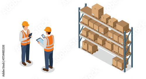 Warehouse workers in isometric style organizing shelves with boxes and tablets