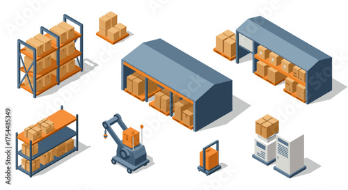 Modern isometric warehouse elements and robotics for efficient storage and logistics