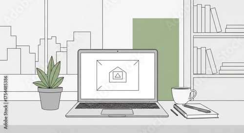 Laptop on a desk with a plant and a cup of coffee, showcasing a modern workspace and technology integration in daily life