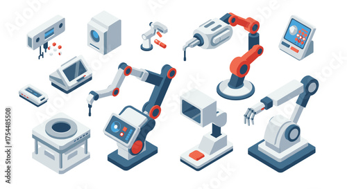 Isometric industrial robots and machinery set for automation and manufacturing