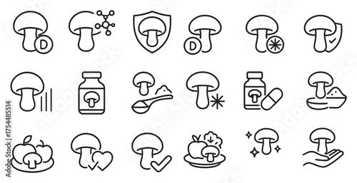 Mushroom nutrition line icons set – outline, health, wellness symbols and supplements