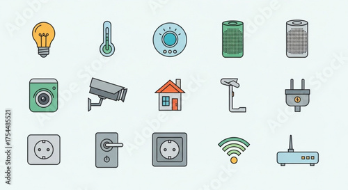 Set of smart home device icons, showcasing technology integration in daily life and modern living solutions